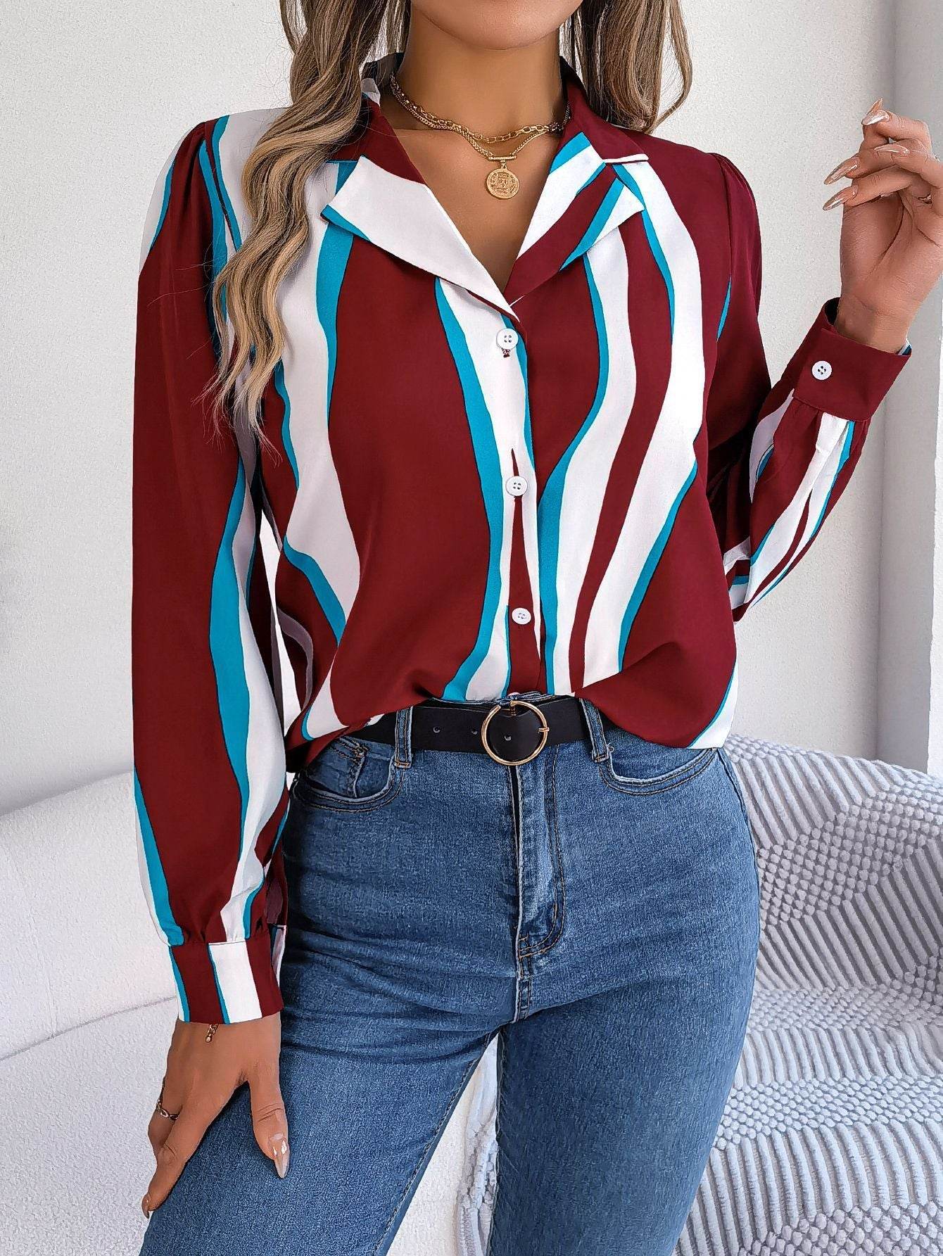 Casual Versatile Contrasting Striped Long Sleeved Shirt - MYLUXURY LANE ENTERPRISE