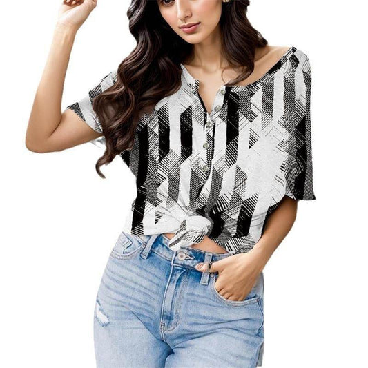 Fashion V-neck Printed Button Short Sleeve Women's Blouse - MYLUXURY LANE ENTERPRISE