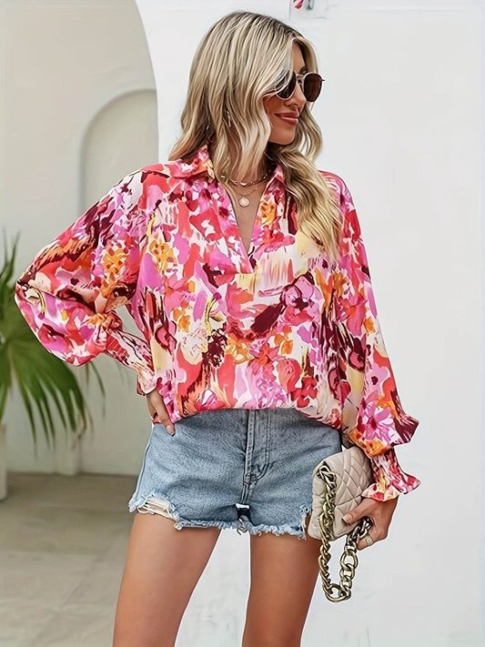 Casual V-neck Lantern Long Sleeve Printed Top Shirt - MYLUXURY LANE ENTERPRISE