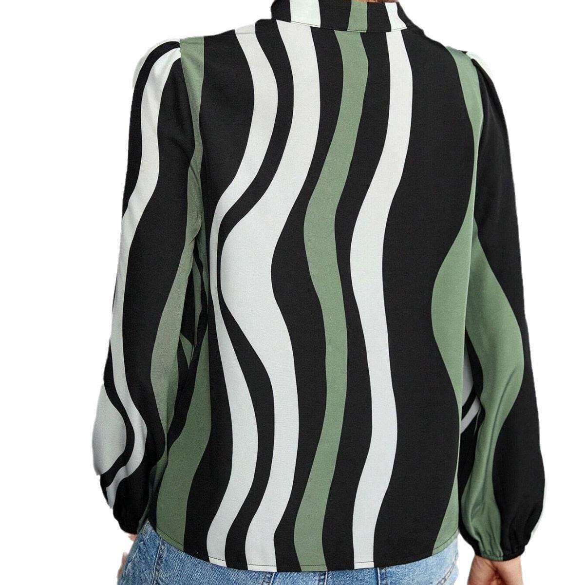 European And American V-neck Color-block Long-sleeved Casual Women's Top - MYLUXURY LANE ENTERPRISE