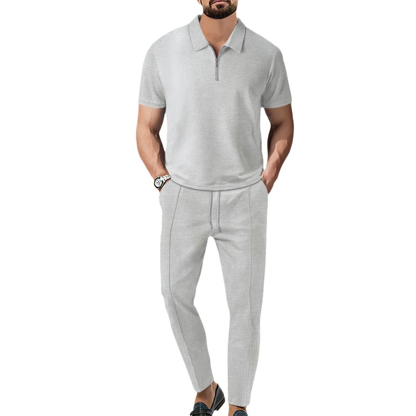 Lapel Short Sleeve Zipper Trousers Suit - MYLUXURY LANE ENTERPRISE