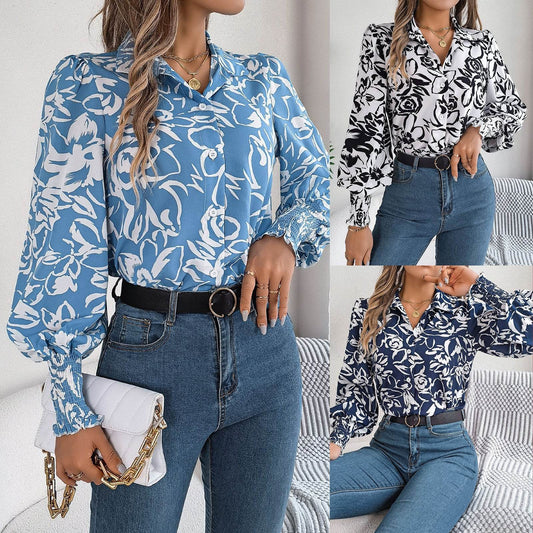 Elegant Contrast Color Flower Lantern Sleeve Lapel Shirt - MYLUXURY LANE ENTERPRISE