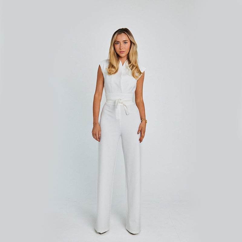 Fashion Elegant Long Sleeveless Jumpsuit Summer V-neck Casual Wide Leg Long Overalls Clothing For Women - MYLUXURY LANE ENTERPRISE
