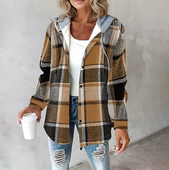 European And American Fashion Women's Wear Solid Color Plaid Hooded Jacket - MYLUXURY LANE ENTERPRISE