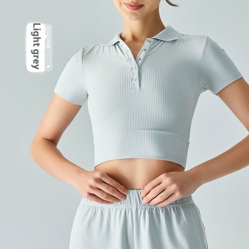 Shoulder Polo Collar Yoga Short-sleeved T-shirt - MYLUXURY LANE ENTERPRISE