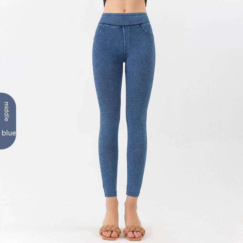 Denim Yoga Pants Women's High Waist Slimming Pocket Sports Tight Casual Pants - MYLUXURY LANE ENTERPRISE