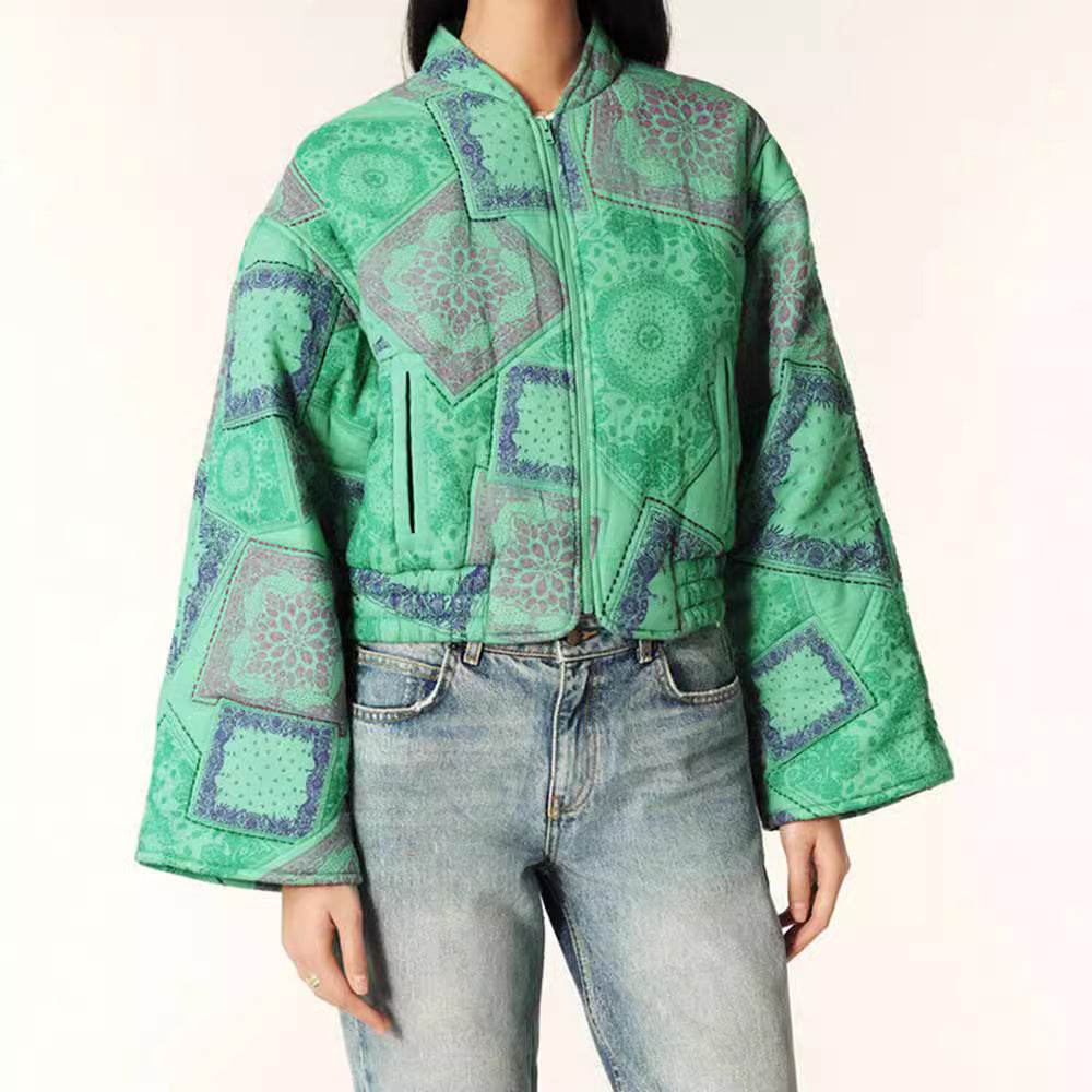 Round Neck Long Sleeve Printed Short Zipped Cotton-padded Jacket - MYLUXURY LANE ENTERPRISE