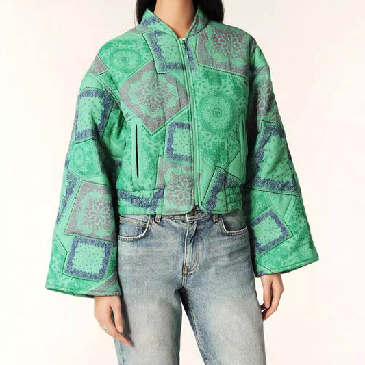 Round Neck Long Sleeve Printed Short Zipped Cotton-padded Jacket - MYLUXURY LANE ENTERPRISE