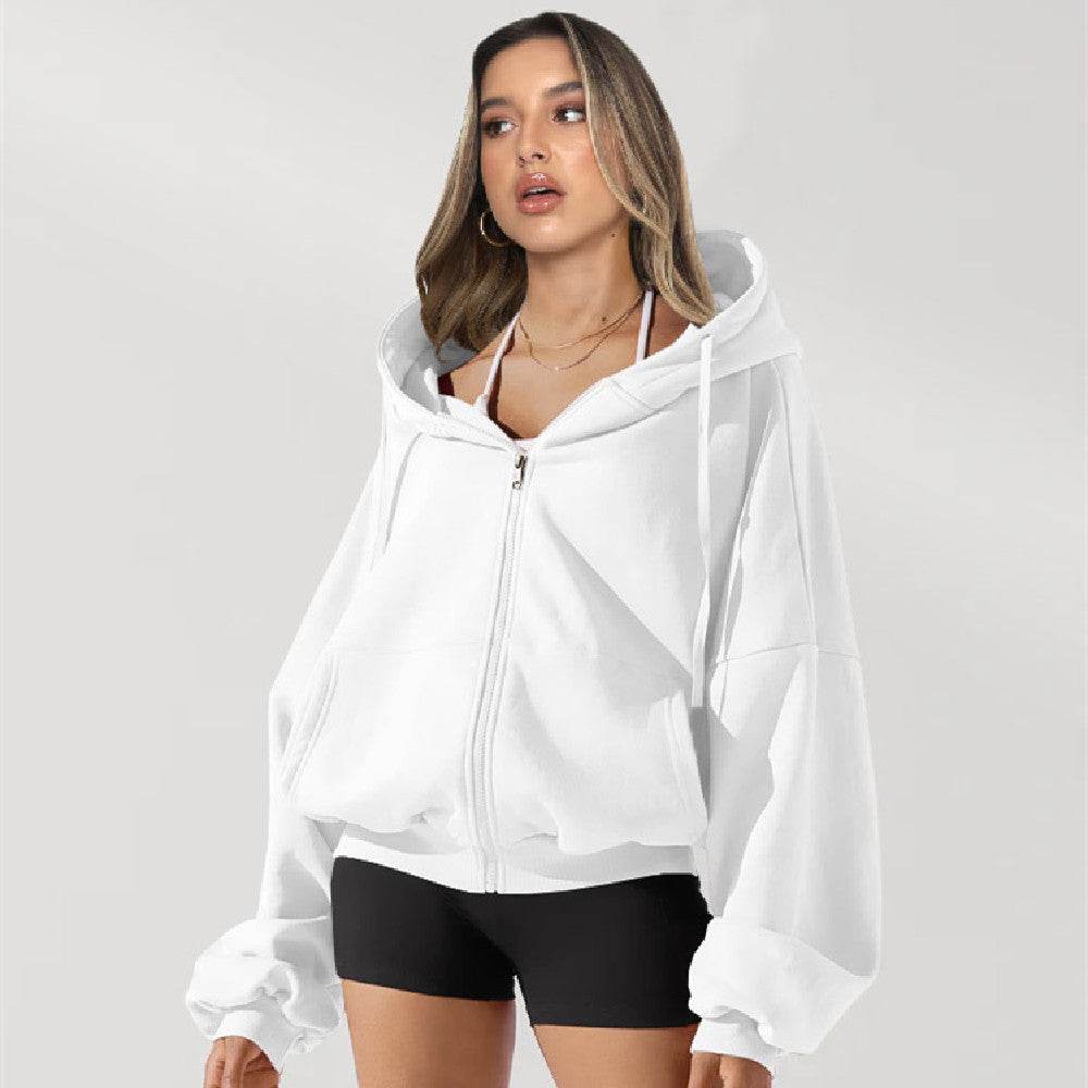 Zipper Hoodies Sports Jacket Fashion Loose Hooded Sweatshirt Casual Solid Women's Clothing - MYLUXURY LANE ENTERPRISE