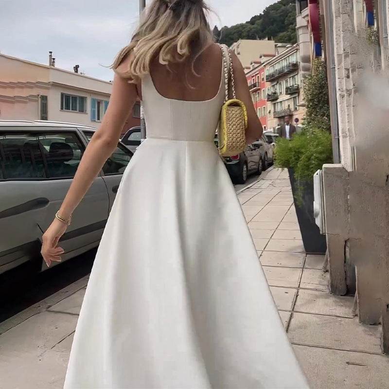 French Square Collar Spaghetti Straps Sleeveless Dress - MYLUXURY LANE ENTERPRISE