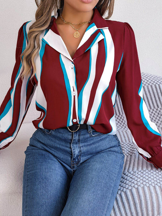 Casual Versatile Contrasting Striped Long Sleeved Shirt - MYLUXURY LANE ENTERPRISE