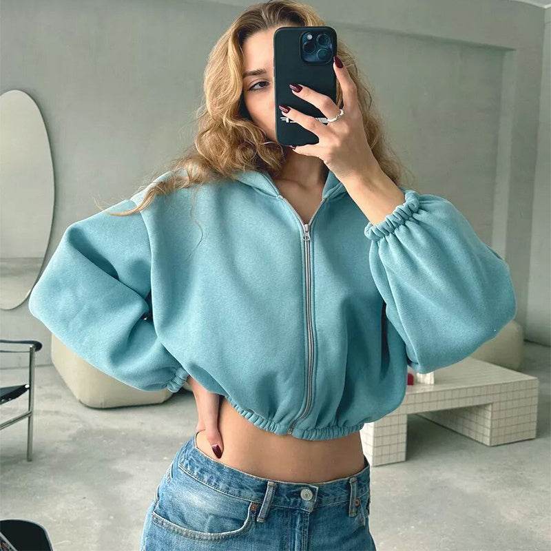 Casual Solid Color Hooded Short Jacket Y2K Fashion Sports Sweatshirt Long Sleeve Zip Up Cardigan Hoodies Women's Clothing - MYLUXURY LANE ENTERPRISE