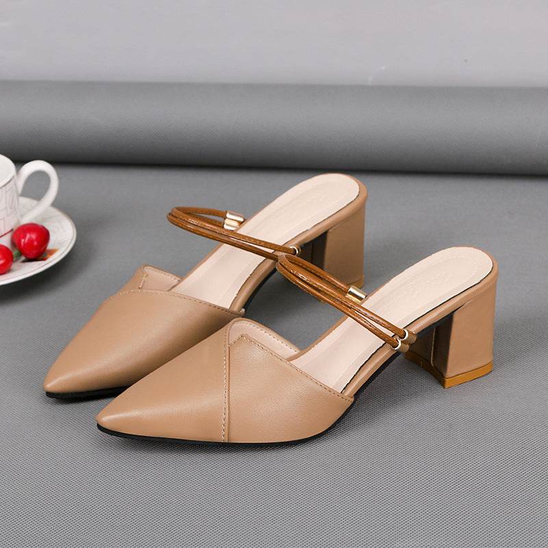 Pointed Toe Two-way Wear With Cool Half Slippers Chunky Heel Sandals - MYLUXURY LANE ENTERPRISE