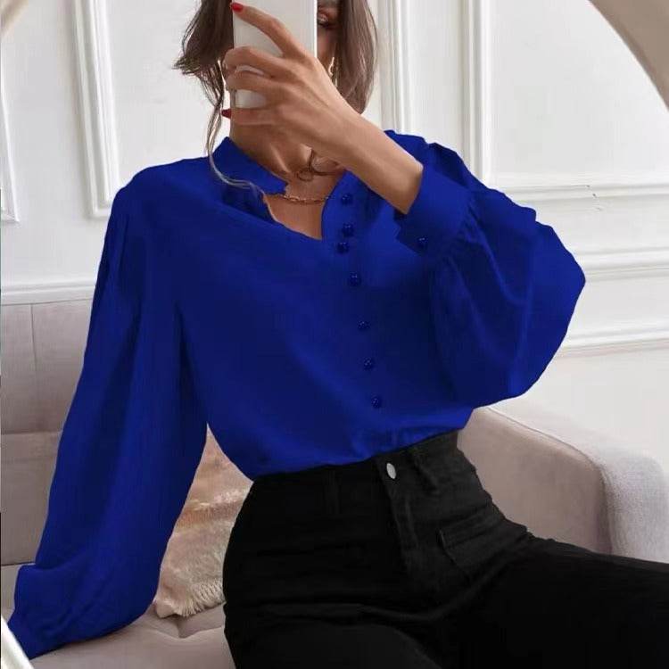 Commute Style Solid Color Round Neck Long Sleeve Single-breasted Women's Shirt - MYLUXURY LANE ENTERPRISE