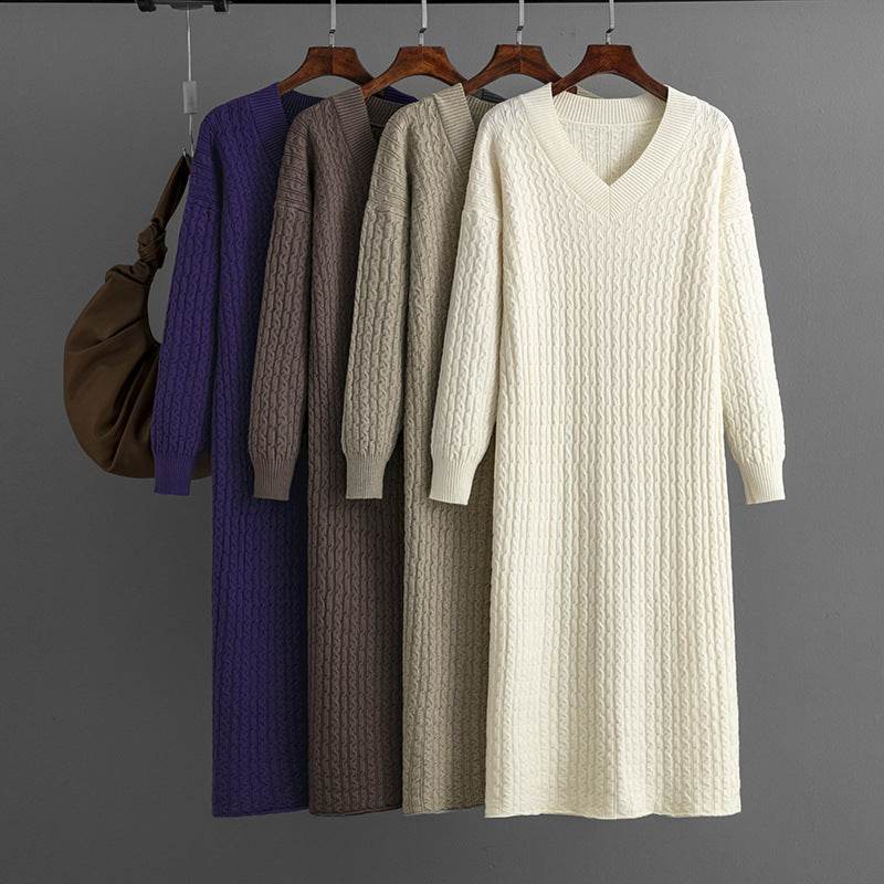 Knitting Dress V-neck Twist Bottoming Sweater Skirt Slit In The Back - MYLUXURY LANE ENTERPRISE
