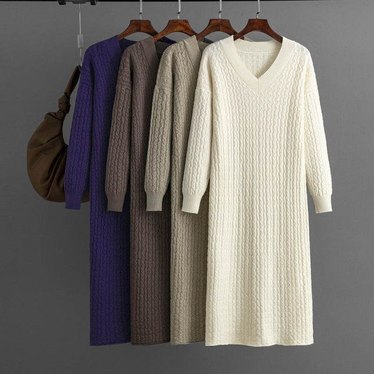 Knitting Dress V-neck Twist Bottoming Sweater Skirt Slit In The Back - MYLUXURY LANE ENTERPRISE