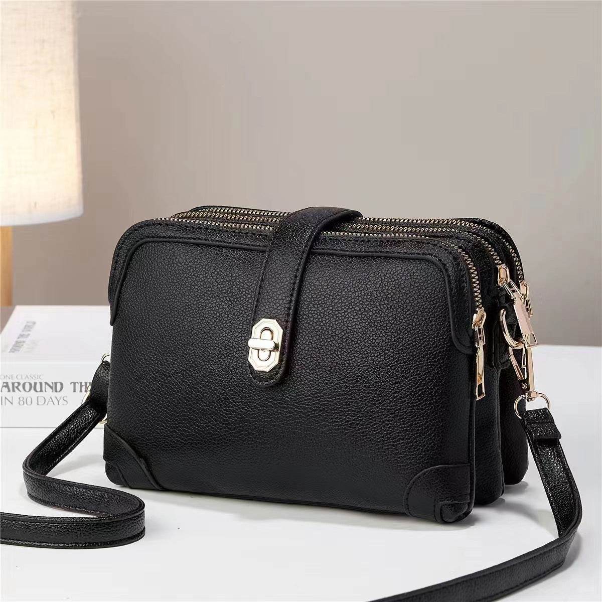 Multi-layer Lychee Pattern Simple Texture Soft Leather Western Style Multi-functional Shoulder Crossbody Small Square Bag - MYLUXURY LANE ENTERPRISE