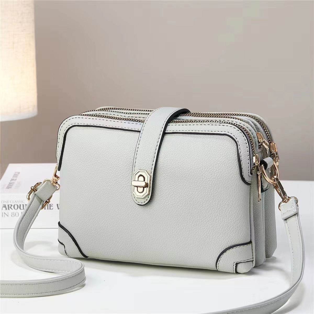Multi-layer Lychee Pattern Simple Texture Soft Leather Western Style Multi-functional Shoulder Crossbody Small Square Bag - MYLUXURY LANE ENTERPRISE