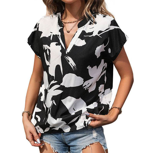 Women's Contrast Color Black And White V-neck Shirt - MYLUXURY LANE ENTERPRISE
