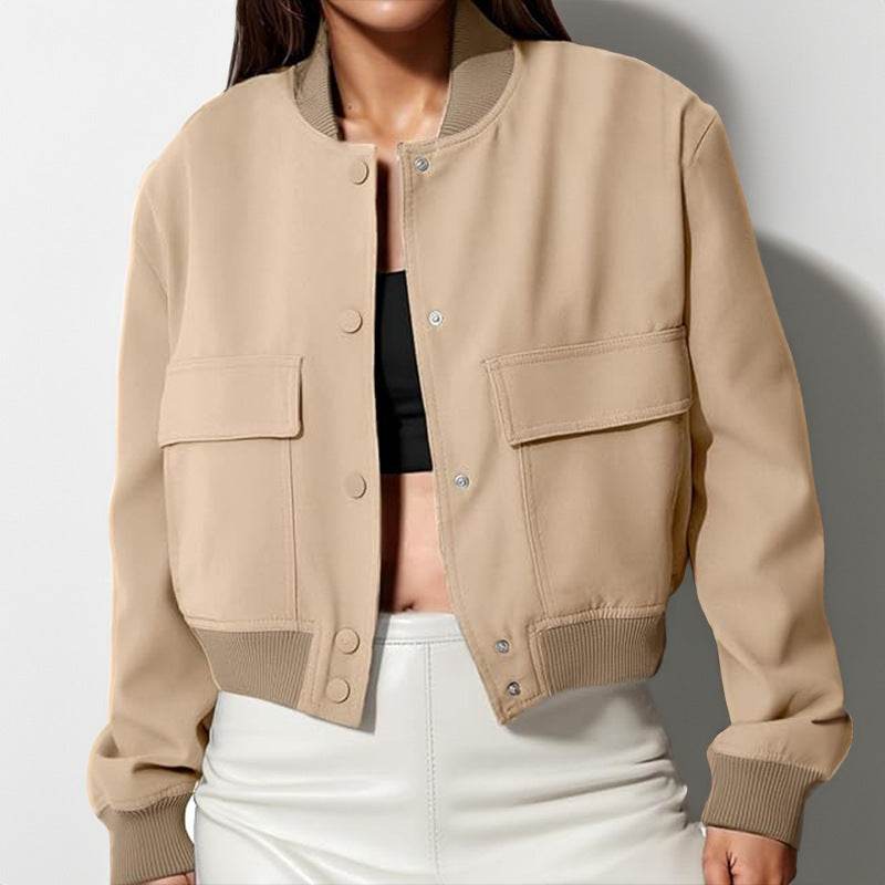 Fashion Button Stand-collar Jacket With Big Pockets Casual Loose Short Outwear Tops Coat For Women Clothing - MYLUXURY LANE ENTERPRISE