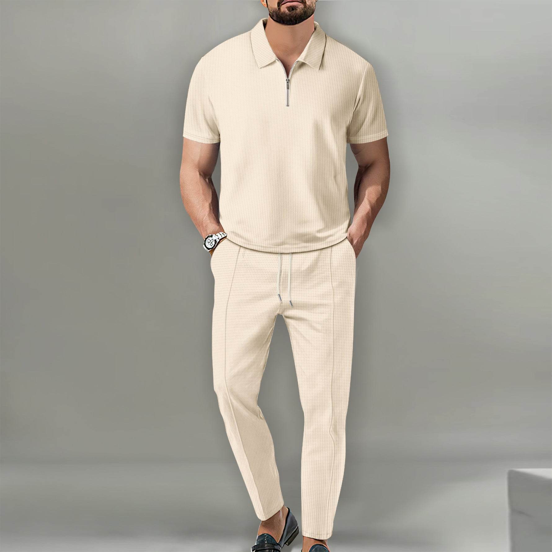 Lapel Short Sleeve Zipper Trousers Suit - MYLUXURY LANE ENTERPRISE