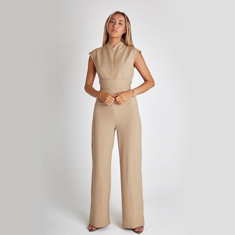 Fashion Elegant Long Sleeveless Jumpsuit Summer V-neck Casual Wide Leg Long Overalls Clothing For Women - MYLUXURY LANE ENTERPRISE
