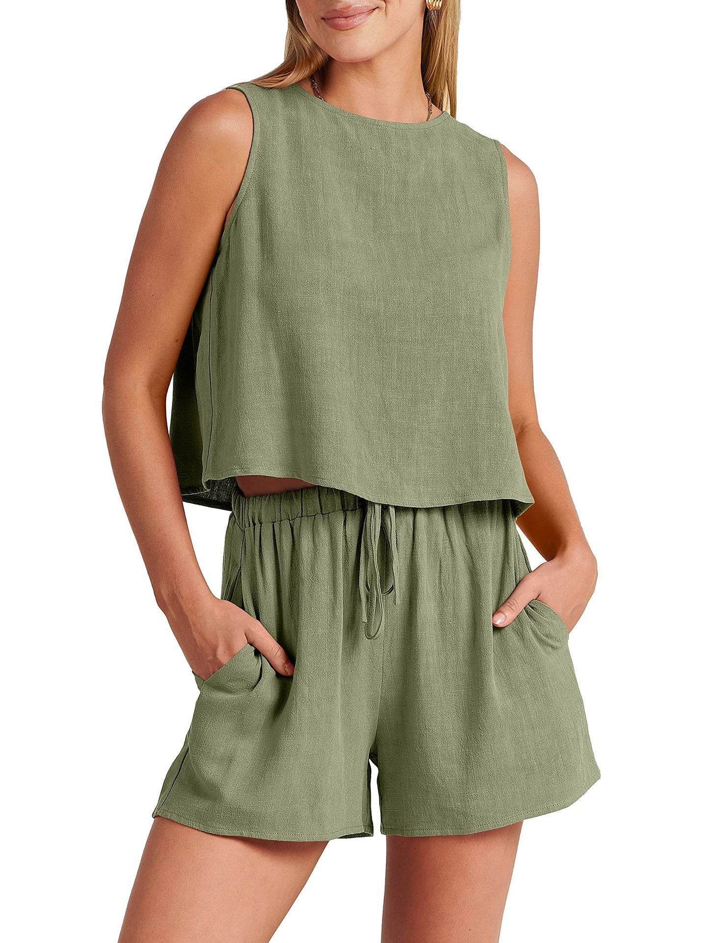 Women's Casual Sleeveless Loose Cotton Linen Shorts Two-piece Suit - MYLUXURY LANE ENTERPRISE