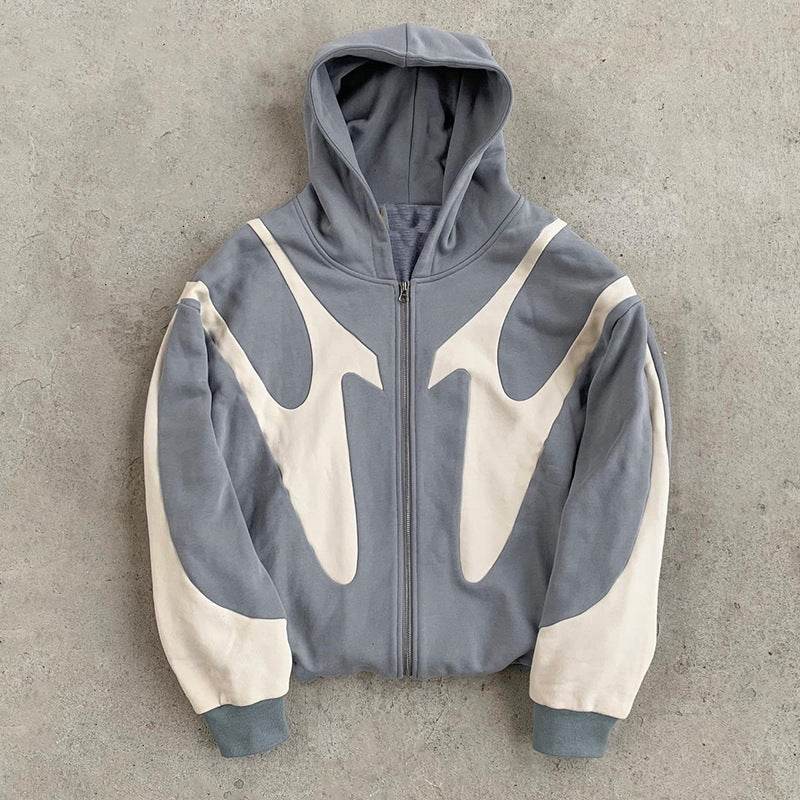 Pattern Stitching Trendy Hooded Cardigan Zipper Sweater - MYLUXURY LANE ENTERPRISE