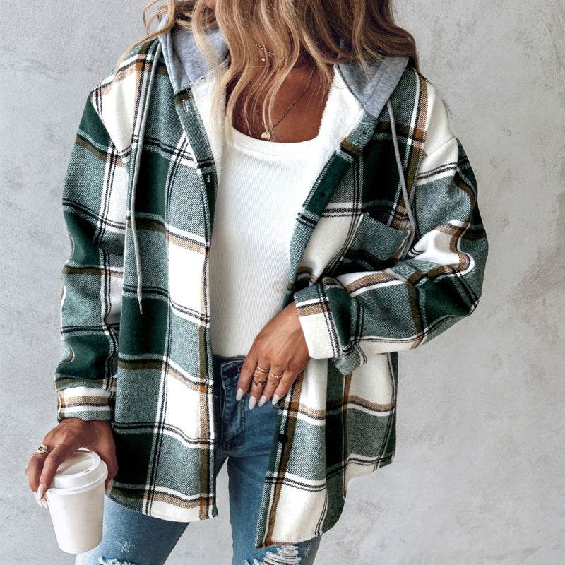 European And American Fashion Women's Wear Solid Color Plaid Hooded Jacket - MYLUXURY LANE ENTERPRISE