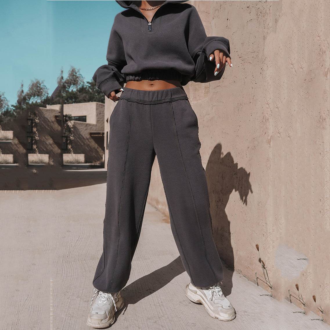 Long Sleeve Turtleneck Sweatshirt Stand Up Zipper Short Top With Loose Straight Leg Pants Women's Clothing - MYLUXURY LANE ENTERPRISE