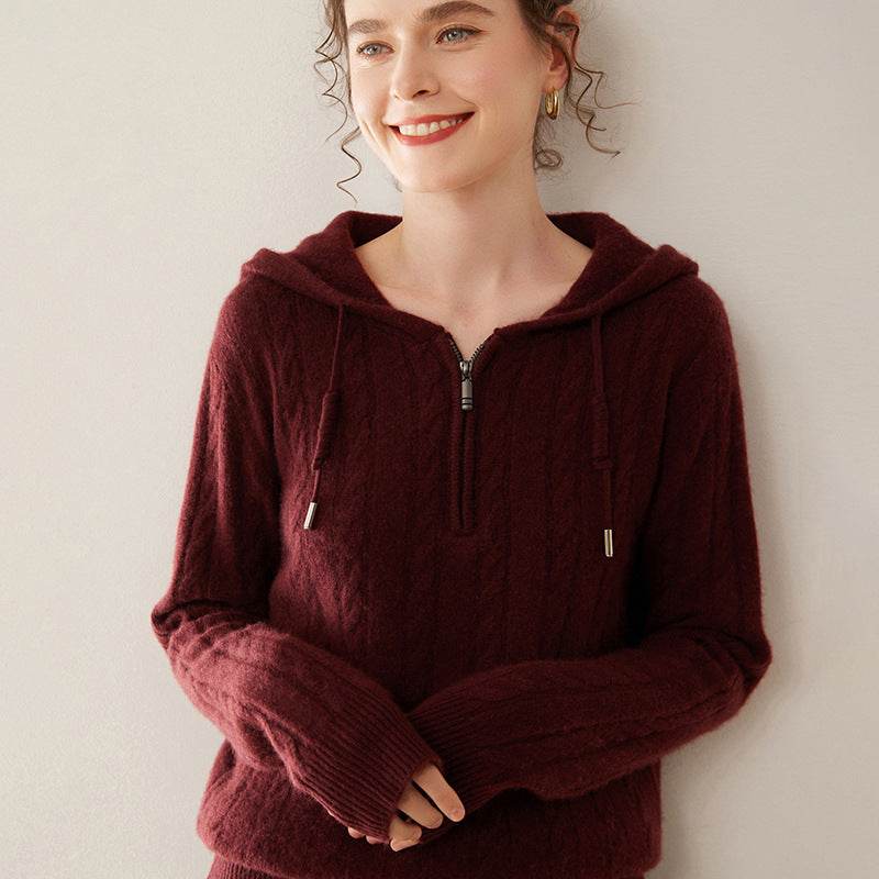 Cashmere Sweater Women's Hooded Twist Half-open Collar Sweater - MYLUXURY LANE ENTERPRISE