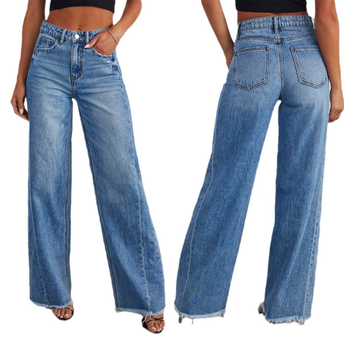 Women's Loose Wide-leg Side Seam Stitching Frayed Hem Jeans - MYLUXURY LANE ENTERPRISE