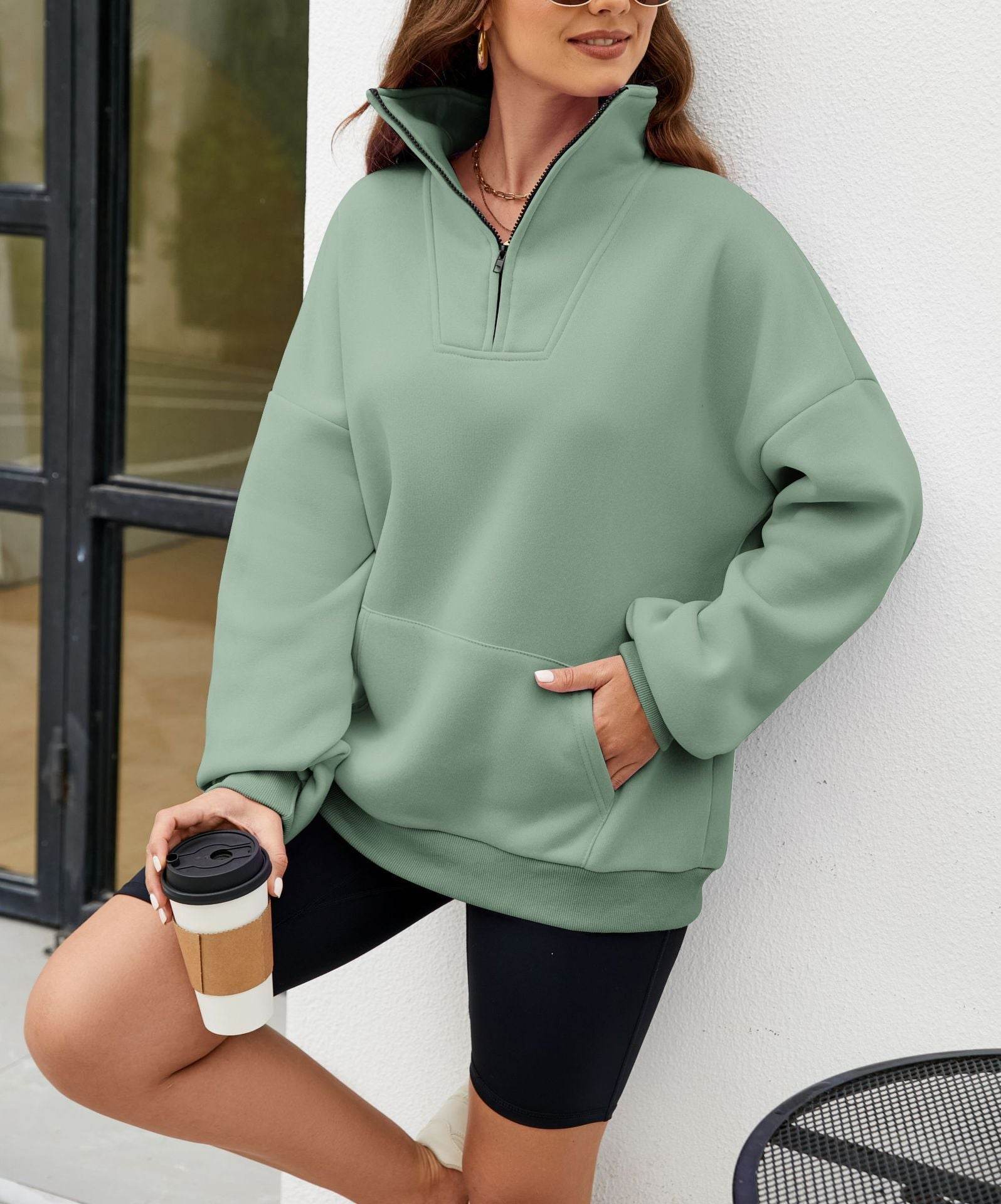 Y2K Solid Color Stand Collar With Pocket Zipper Sweatshirt Casual Sports Loose Top Women's Clothing - MYLUXURY LANE ENTERPRISE