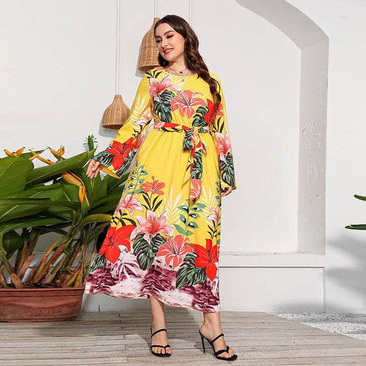 Long Sleeve Flower Wide Hem Printed Dress - MYLUXURY LANE ENTERPRISE