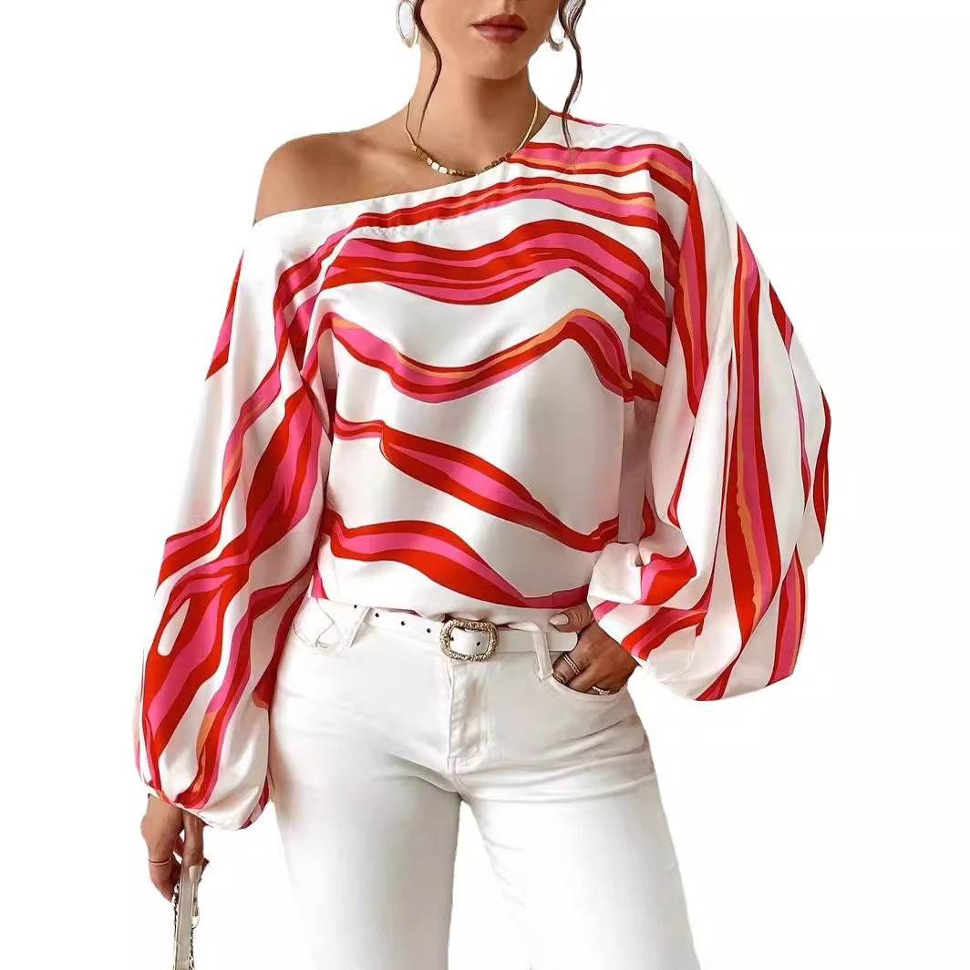 Off-neck Printed Loose-fitting Women's Shirt - MYLUXURY LANE ENTERPRISE