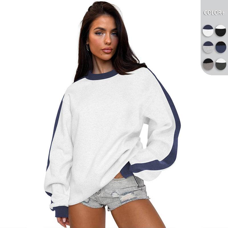 Women's Contrast Color Round Neck Loose Sweater Long-sleeved Top - MYLUXURY LANE ENTERPRISE