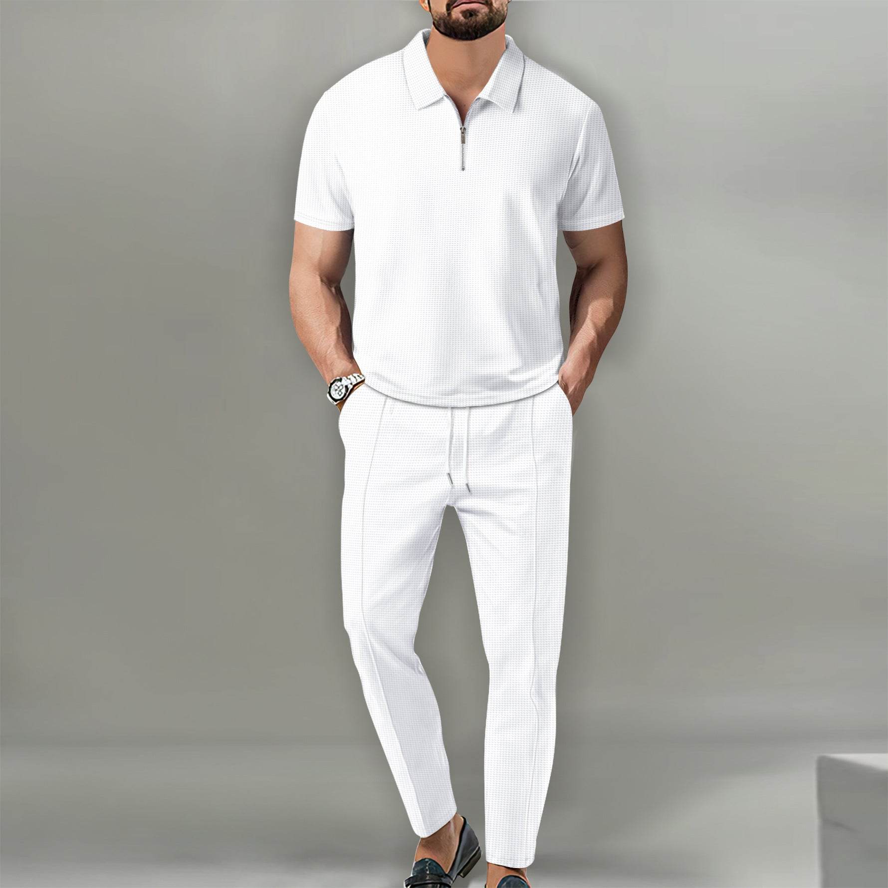Lapel Short Sleeve Zipper Trousers Suit - MYLUXURY LANE ENTERPRISE