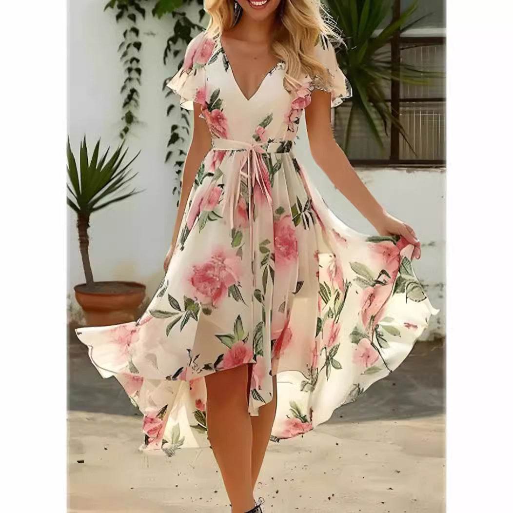 V-neck Mid-length Slim-fit Printed Dress - MYLUXURY LANE ENTERPRISE