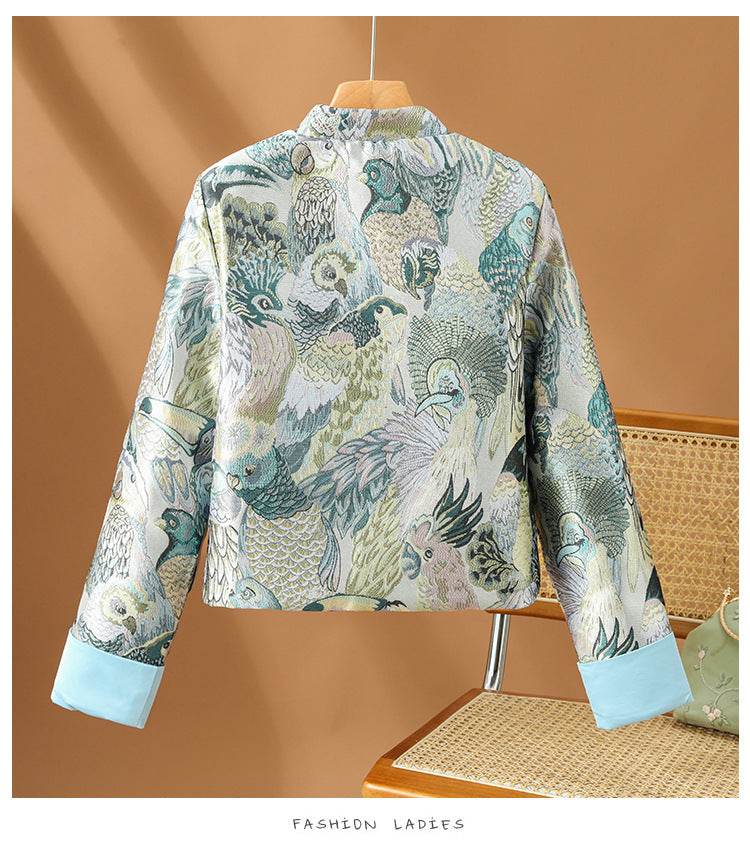 For The Sake Of Beauty Jacquard Buckle Round Neck Vintage Coat - MYLUXURY LANE ENTERPRISE