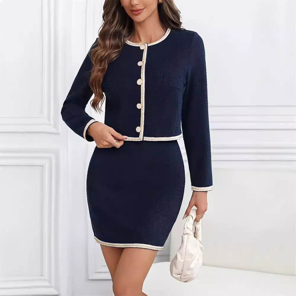 Autumn And Winter Elegant Fashion Commuter Round Neck Button Chanel Style Short Coat Mid-length Dress Set - MYLUXURY LANE ENTERPRISE