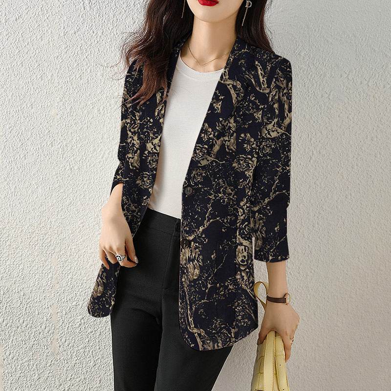 Women's Button Printed Long-sleeved Pocket Vintage Cotton And Linen Blazer - MYLUXURY LANE ENTERPRISE