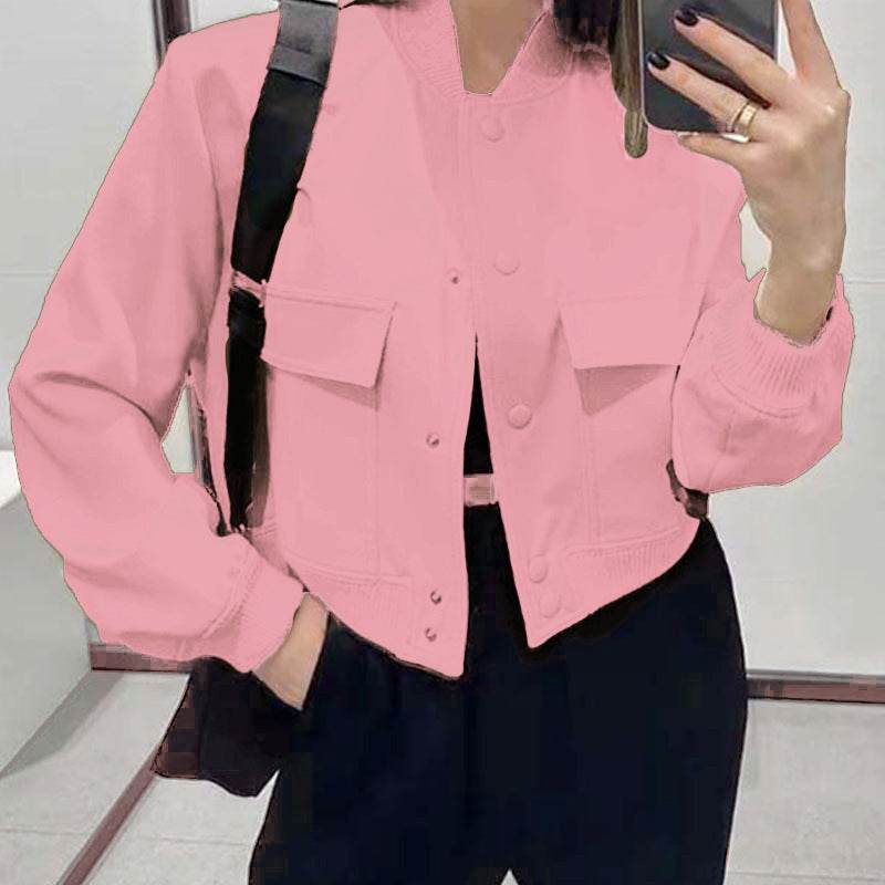 Fashion Button Stand-collar Jacket With Big Pockets Casual Loose Short Outwear Tops Coat For Women Clothing - MYLUXURY LANE ENTERPRISE
