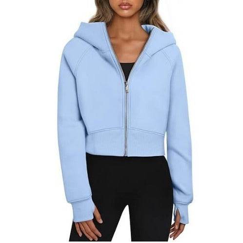 Women's Hooded Zipper Short Velvet Long Sleeve Sweatshirt - MYLUXURY LANE ENTERPRISE