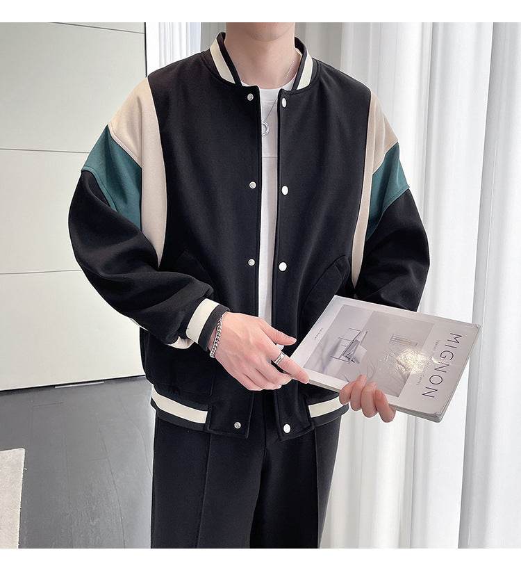 Men's Youth Stand Collar Stitching Casual Cotton Baseball Uniform Jacket Coat - MYLUXURY LANE ENTERPRISE