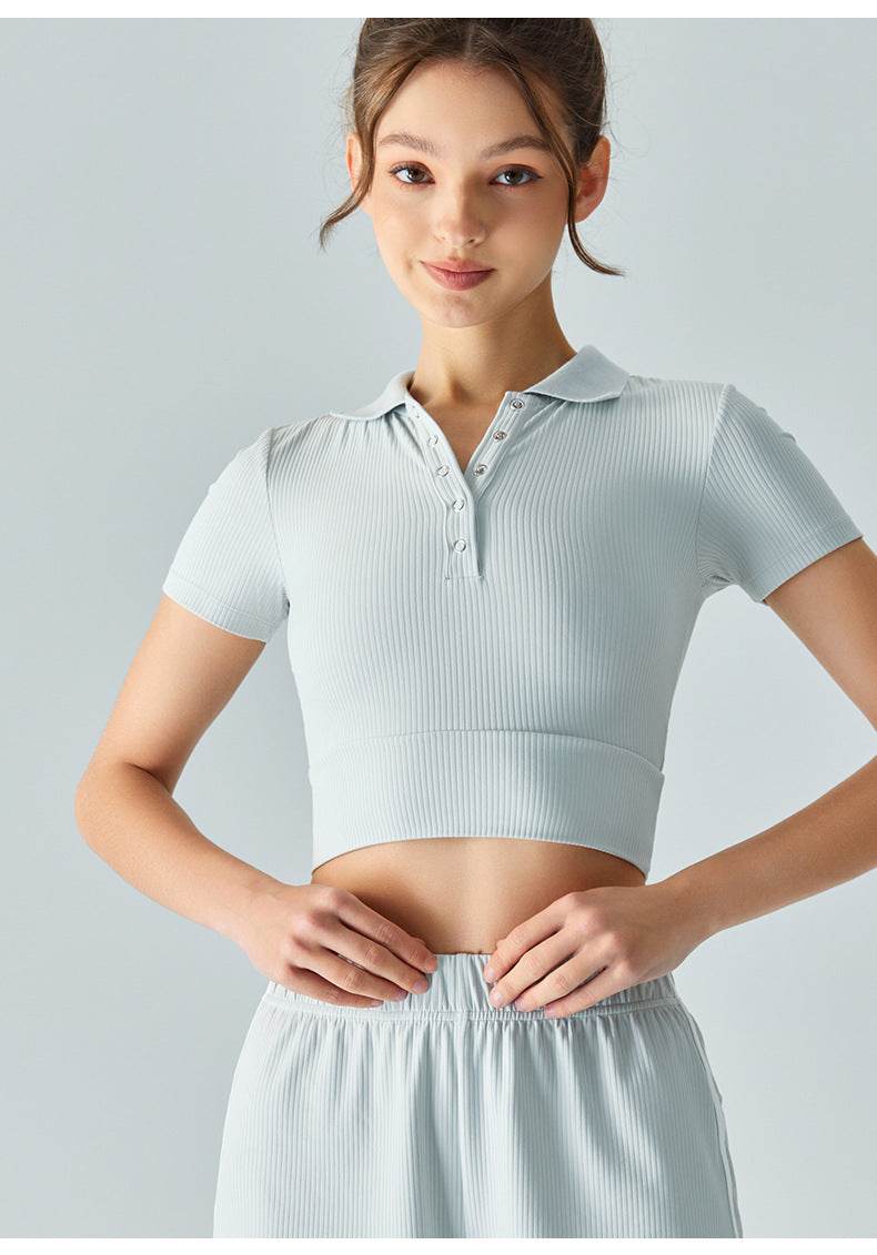 Shoulder Polo Collar Yoga Short-sleeved T-shirt - MYLUXURY LANE ENTERPRISE