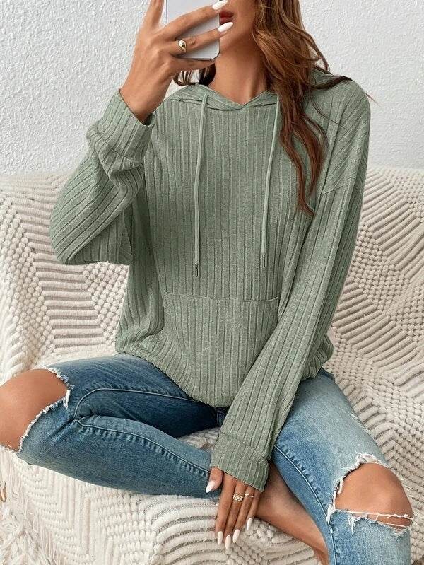 Fashion Drawstring Long-sleeved Hooded Sweatshirt With Pockets Solid Sunken Stripe Hoodie Knitwear Womens Clothing - MYLUXURY LANE ENTERPRISE