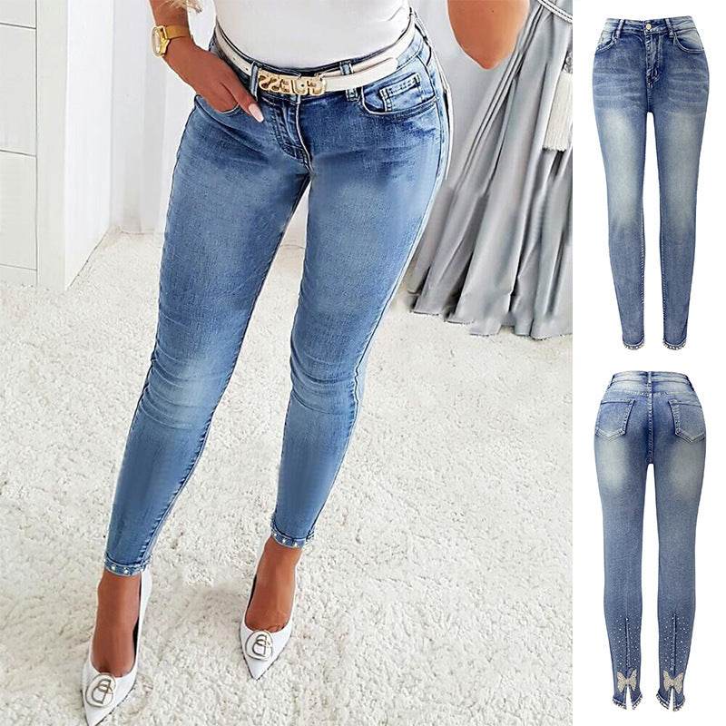 Women's Jeans European And American Trendy High Waist Beaded Skinny Tappered Pants - MYLUXURY LANE ENTERPRISE