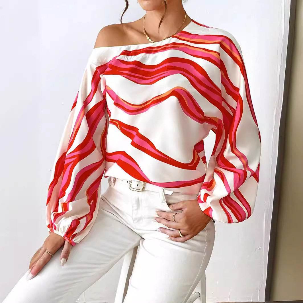 Off-neck Printed Loose-fitting Women's Shirt - MYLUXURY LANE ENTERPRISE