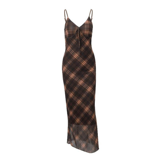 European And American Fashion Retro Plaid Pure Desire Socialite Temperament Slim Strap Dress - MYLUXURY LANE ENTERPRISE