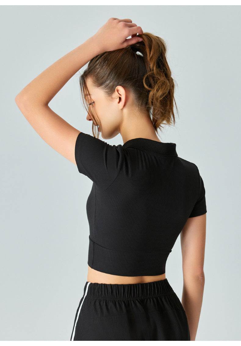 Shoulder Polo Collar Yoga Short-sleeved T-shirt - MYLUXURY LANE ENTERPRISE